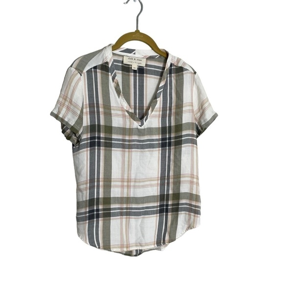 Anthropologie Cloth & Stone White Gray Plaid V Neck Blouse XS - Picture 1 of 4
